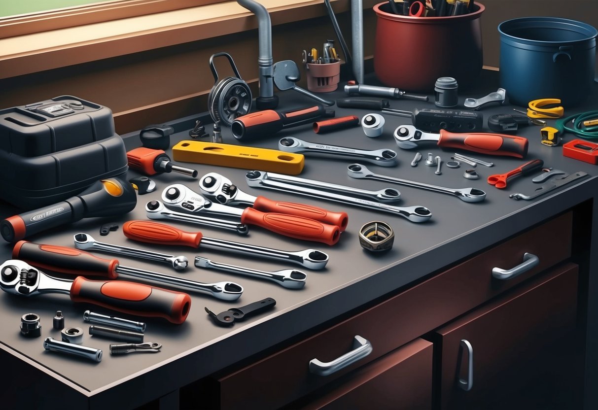 A cluttered garage workbench with ratchets, extensions, and other essential car repair tools scattered around
