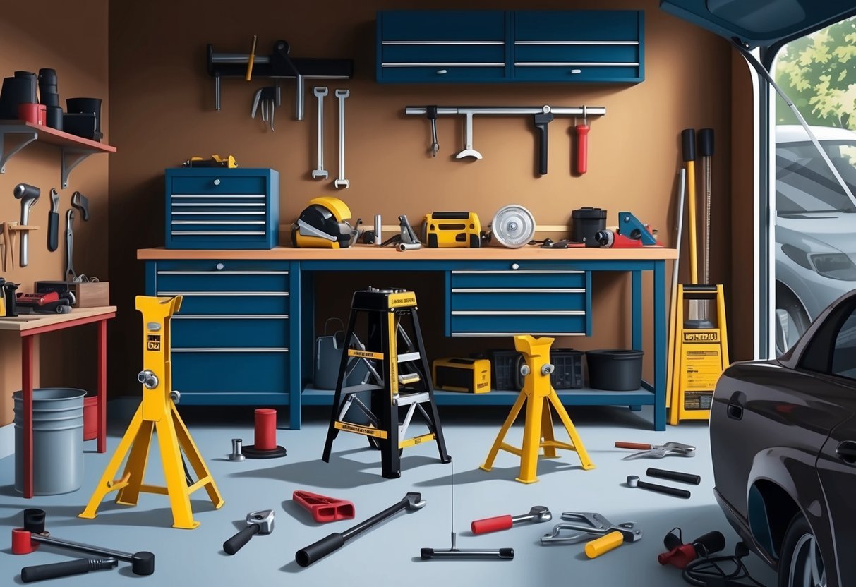 A cluttered garage with a workbench, tool chest, car jack, jack stands, and various hand tools scattered around