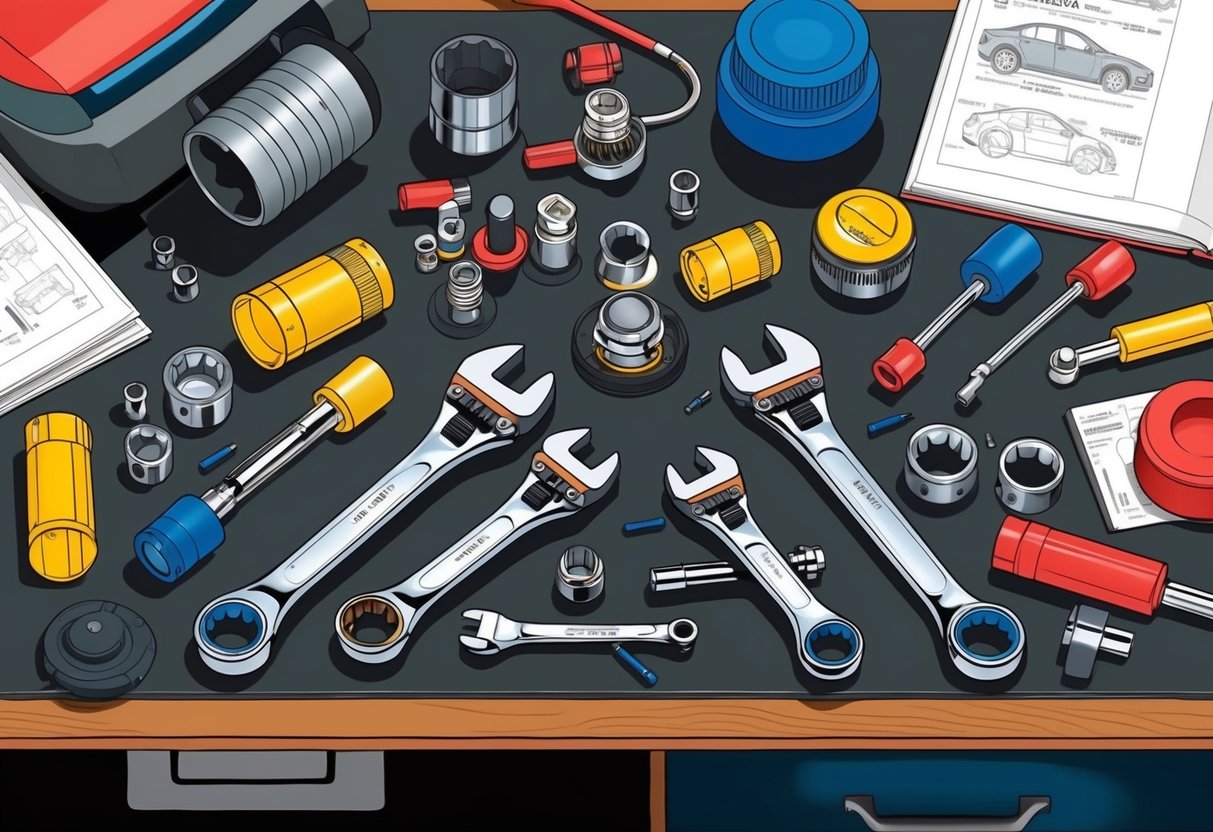 A workbench cluttered with torque wrenches, sockets, and various measurement devices, surrounded by car parts and manuals