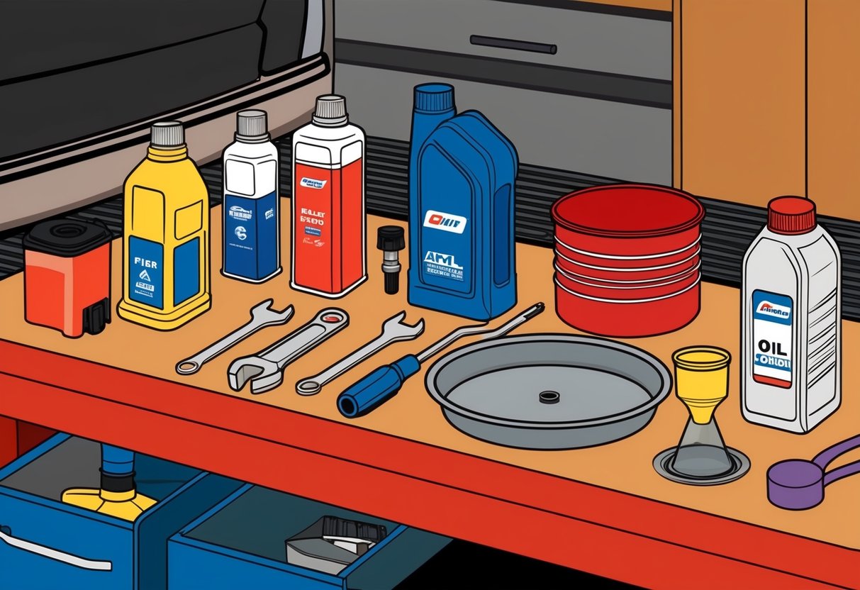 A garage workbench with various automotive fluids, oil filter wrench, funnel, and drain pan