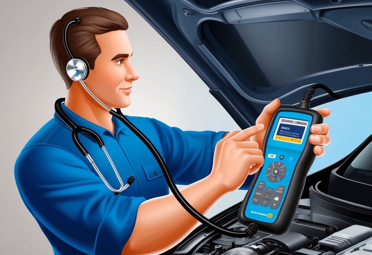 A mechanic using a stethoscope to listen to various parts of a car, while a diagnostic tool is plugged into the vehicle's computer
