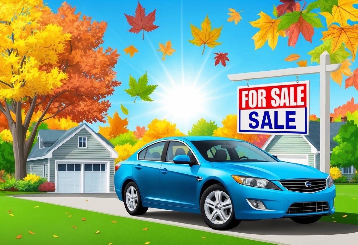 A bright, sunny day with colorful fall leaves and a clear blue sky. A car parked in a driveway or on a street with a "For Sale" sign displayed prominently