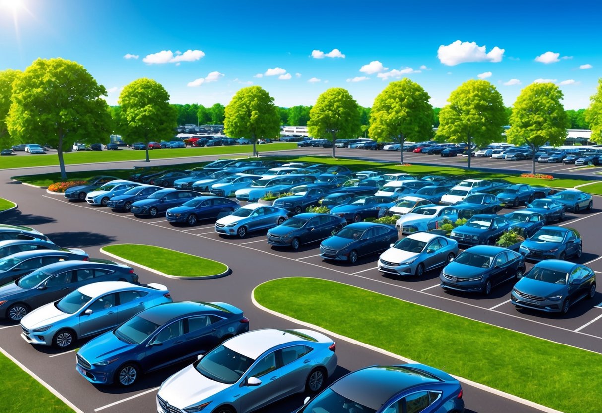 A sunny car dealership lot with rows of gleaming vehicles, surrounded by vibrant green trees and a clear blue sky