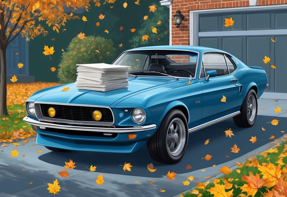 A car parked in a driveway, surrounded by falling autumn leaves, with a stack of maintenance records and a history report on the hood