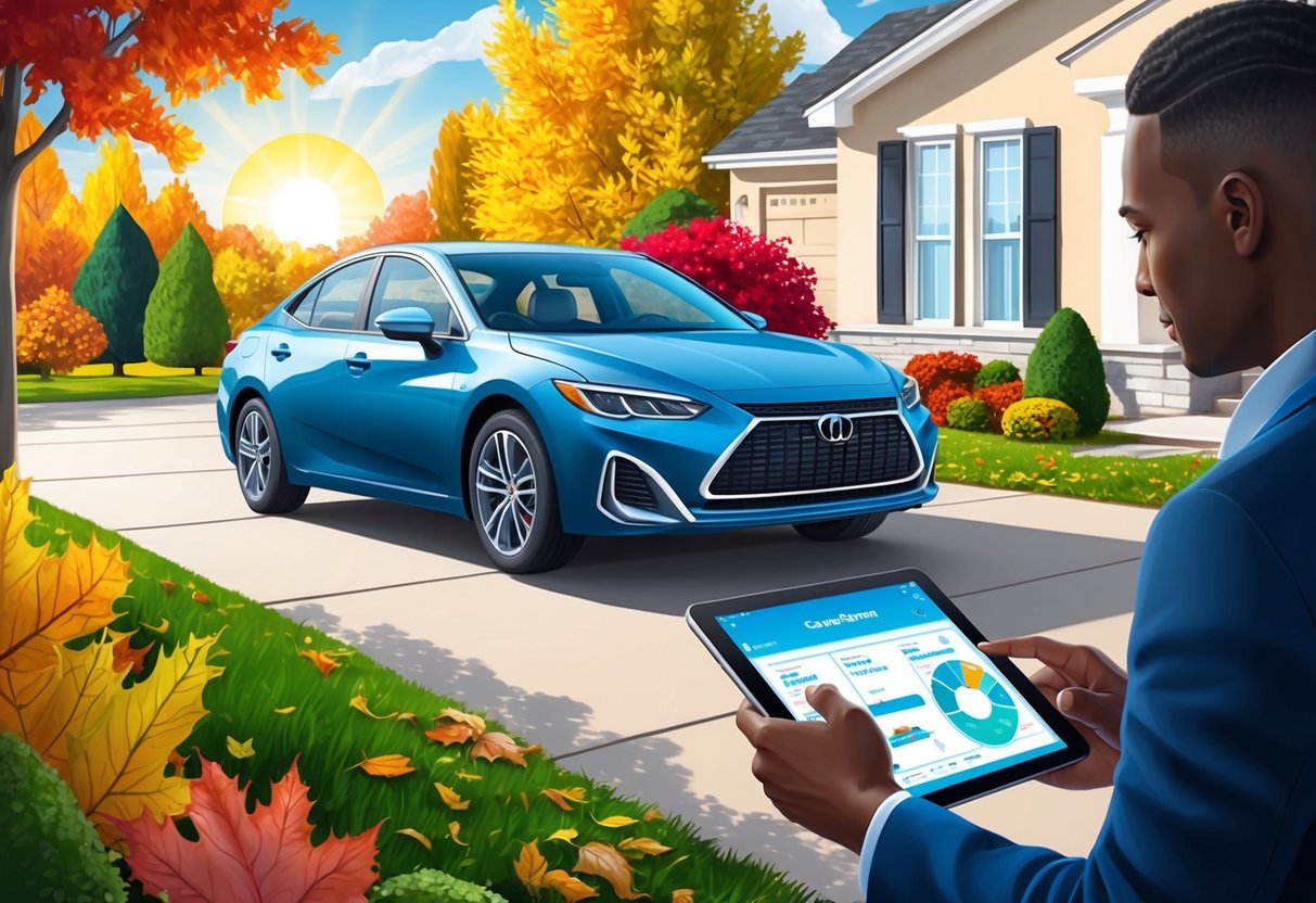 A sunny car parked in a driveway, surrounded by colorful fall foliage, with a person using a tablet to research car values