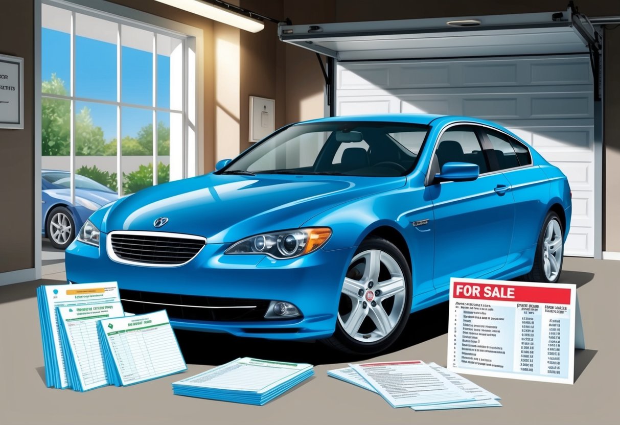 A clean, shiny car parked in a well-lit garage with a "For Sale" sign in the window, surrounded by a neatly organized set of maintenance records and a detailed list of recent upgrades and repairs