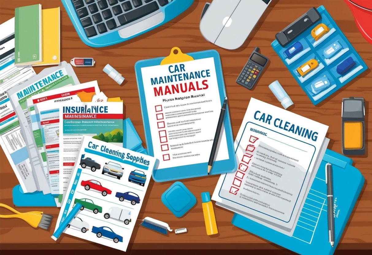 A cluttered desk with scattered car maintenance manuals, insurance papers, and a checklist of car cleaning supplies