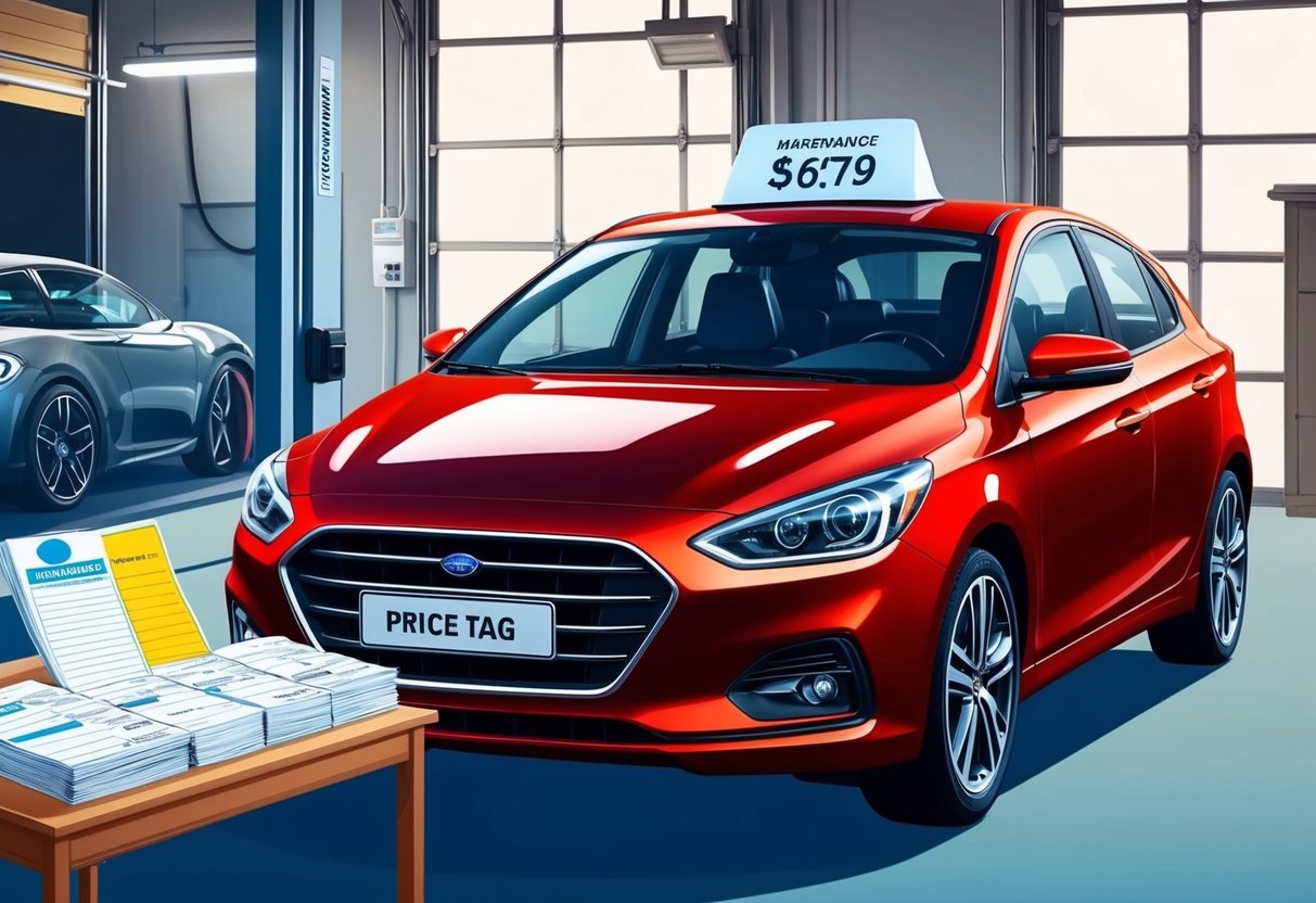 A clean, shiny car parked in a well-lit garage, with a price tag prominently displayed on the windshield. All maintenance records neatly organized on a nearby table