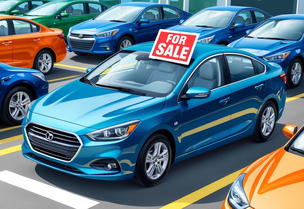 A clean, shiny car with a "For Sale" sign in the window parked in a high-traffic area. The car is surrounded by freshly washed and waxed cars