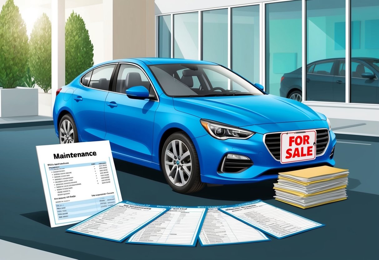 A clean, well-maintained car parked in a well-lit area, with a "For Sale" sign displayed prominently in the window. The car is surrounded by a neat and organized display of maintenance records and a detailed list of the vehicle's features and specifications