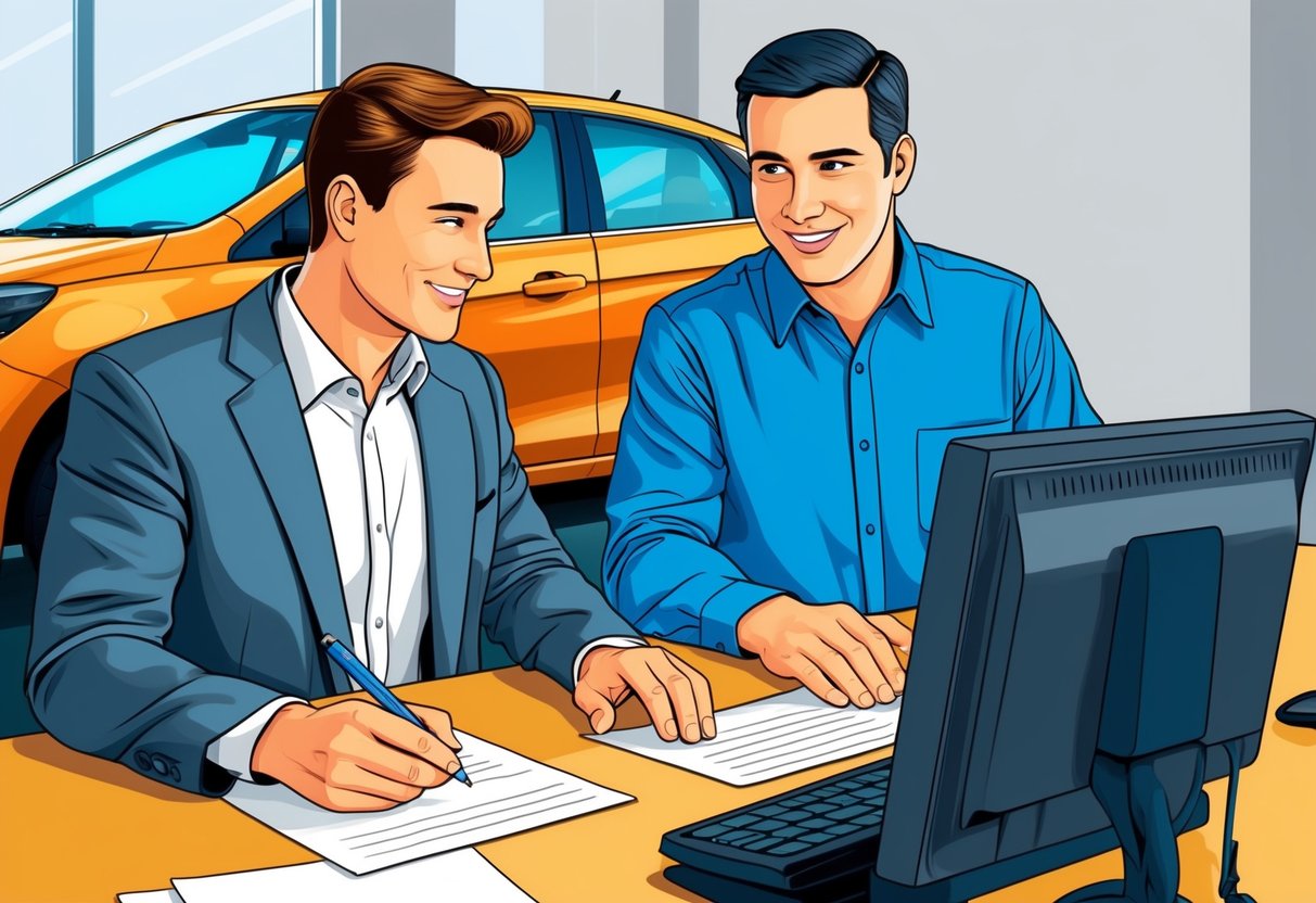 A customer and a car dealer sitting at a table, discussing the price of a new or used car. The customer is holding a pen and paper, while the dealer is looking at a computer screen