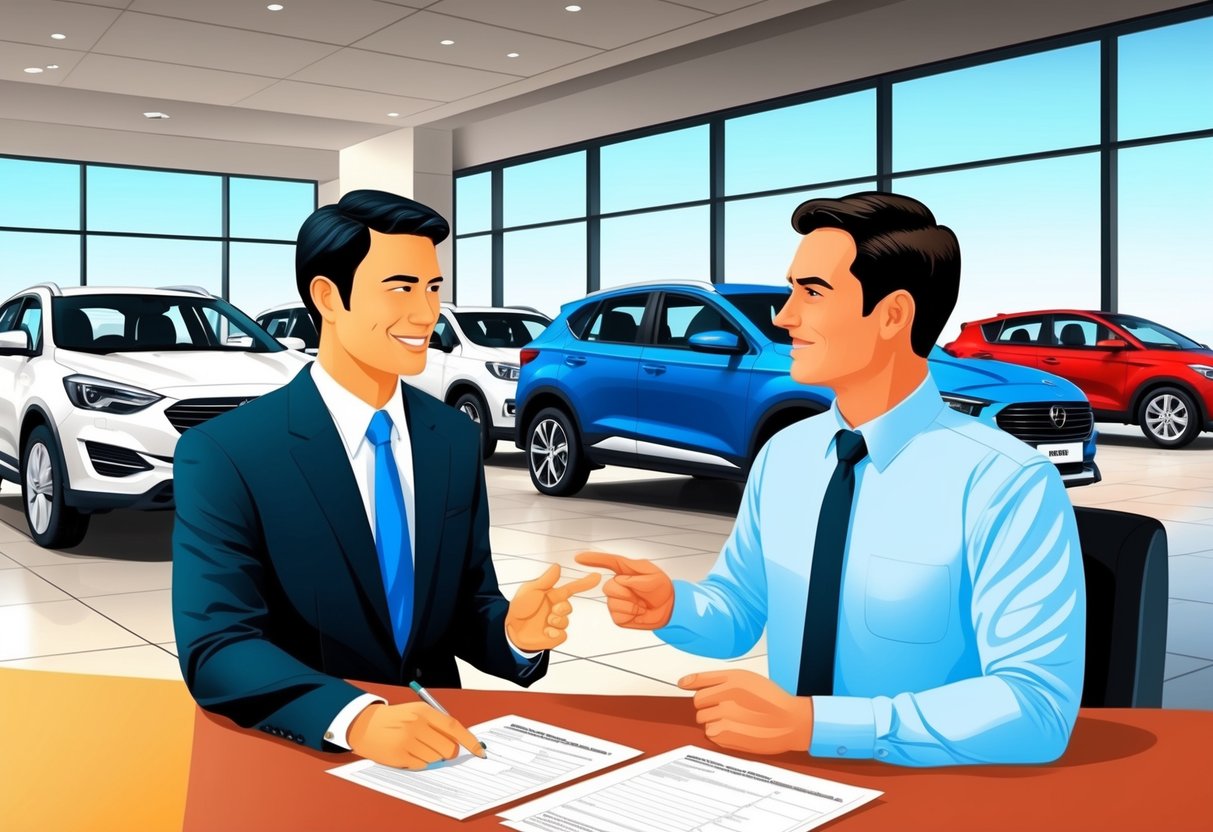 A customer and a dealer discussing prices in a car showroom, with vehicles on display and paperwork on a desk