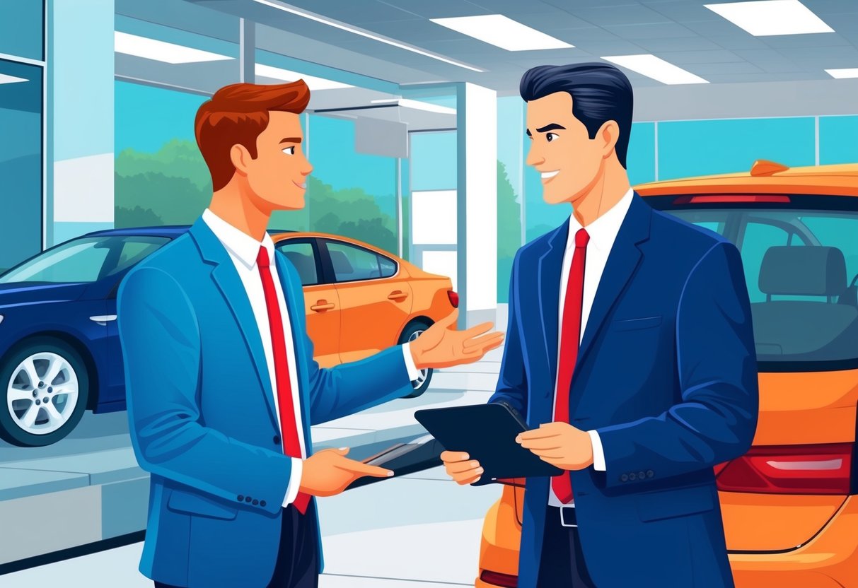 A customer and a car dealer discussing the trade-in value of a vehicle at a dealership
