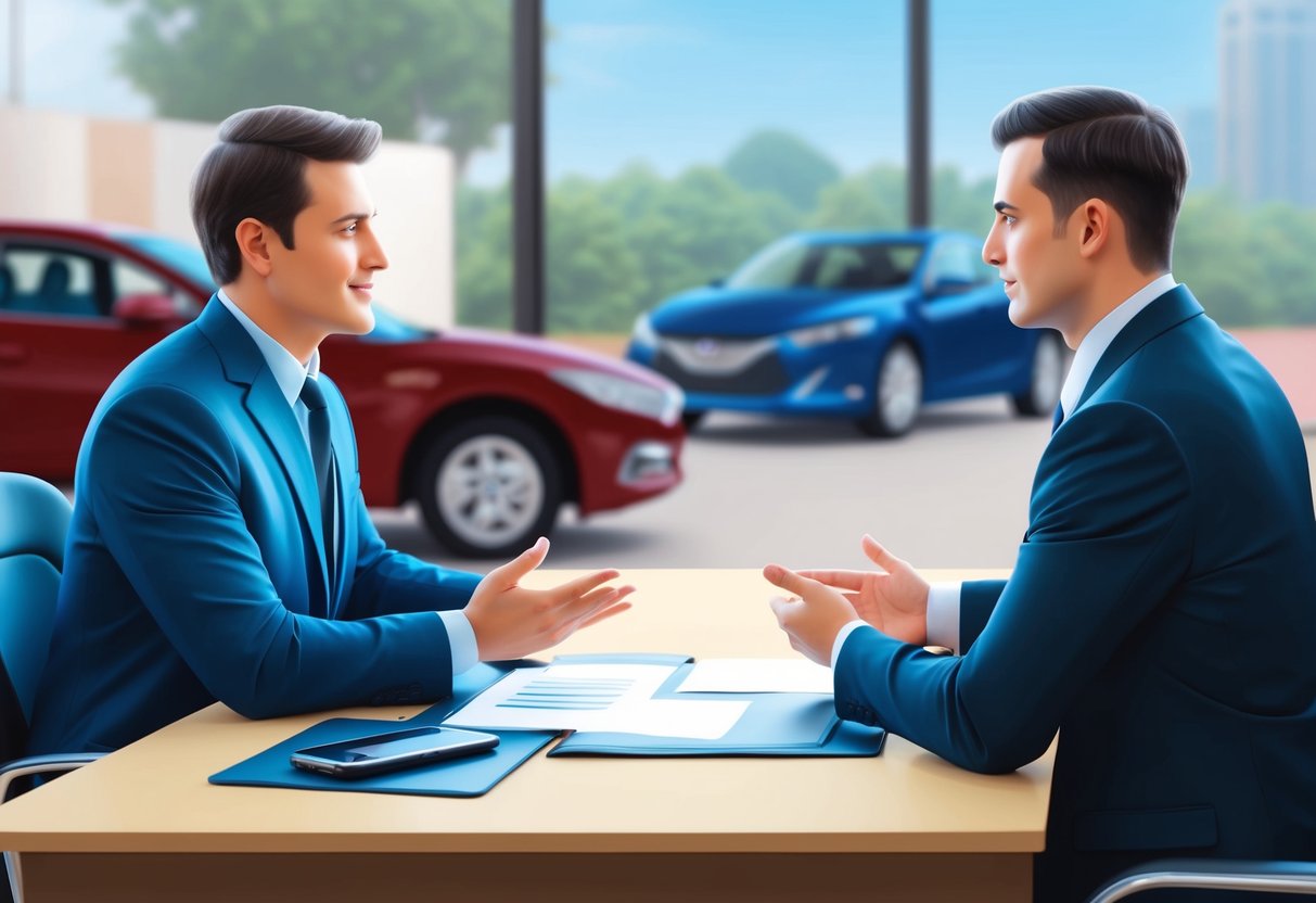 A customer and a car dealer facing each other across a desk, discussing and negotiating the price of a new or used car