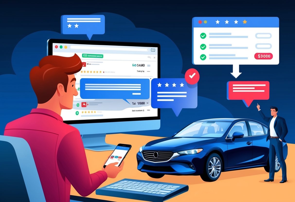 A customer comparing online reviews and dealer reputation while researching car prices