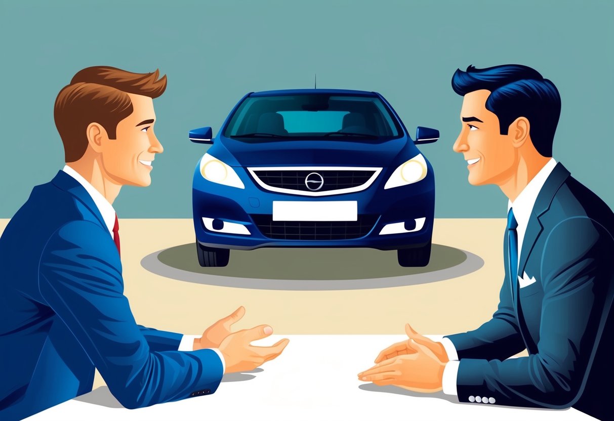 A customer and a car dealer facing each other across a desk, with the car on display in the background. The customer is gesturing and speaking confidently
