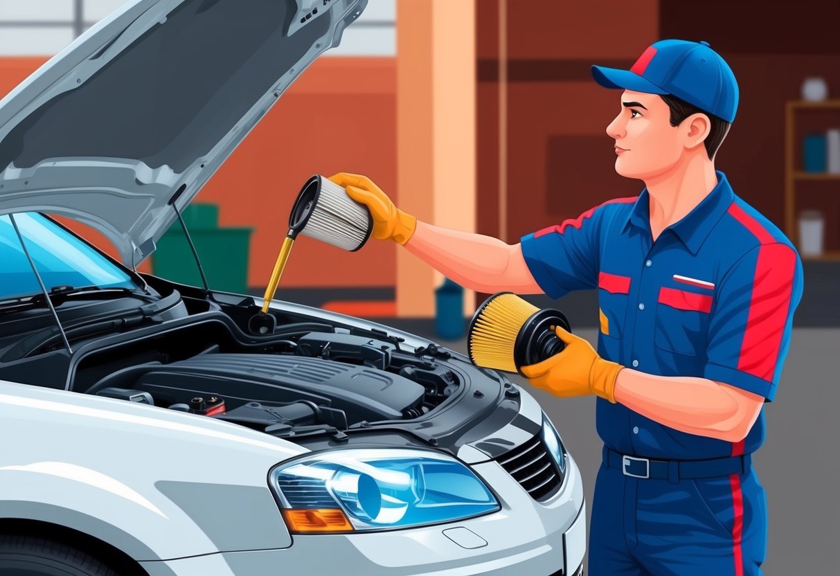 A mechanic performing routine maintenance on a car, checking the oil, changing the air filter, and inspecting the engine