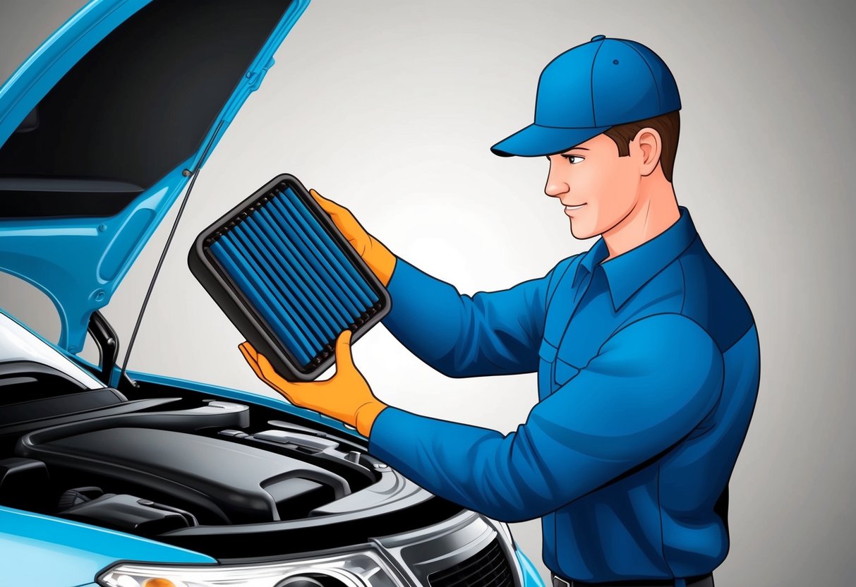 A mechanic effortlessly replacing a dirty air filter with a clean one, reducing strain on the car's engine