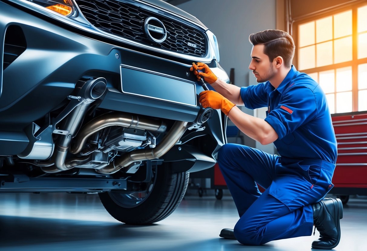 A mechanic inspecting and maintaining the cooling and exhaust systems of a car in a well-lit garage