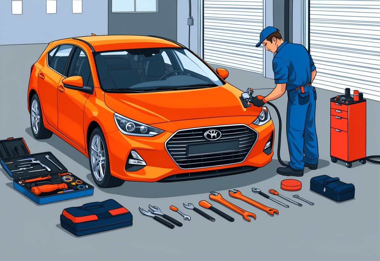 A car being serviced by a mechanic, with tools and equipment laid out neatly around the vehicle