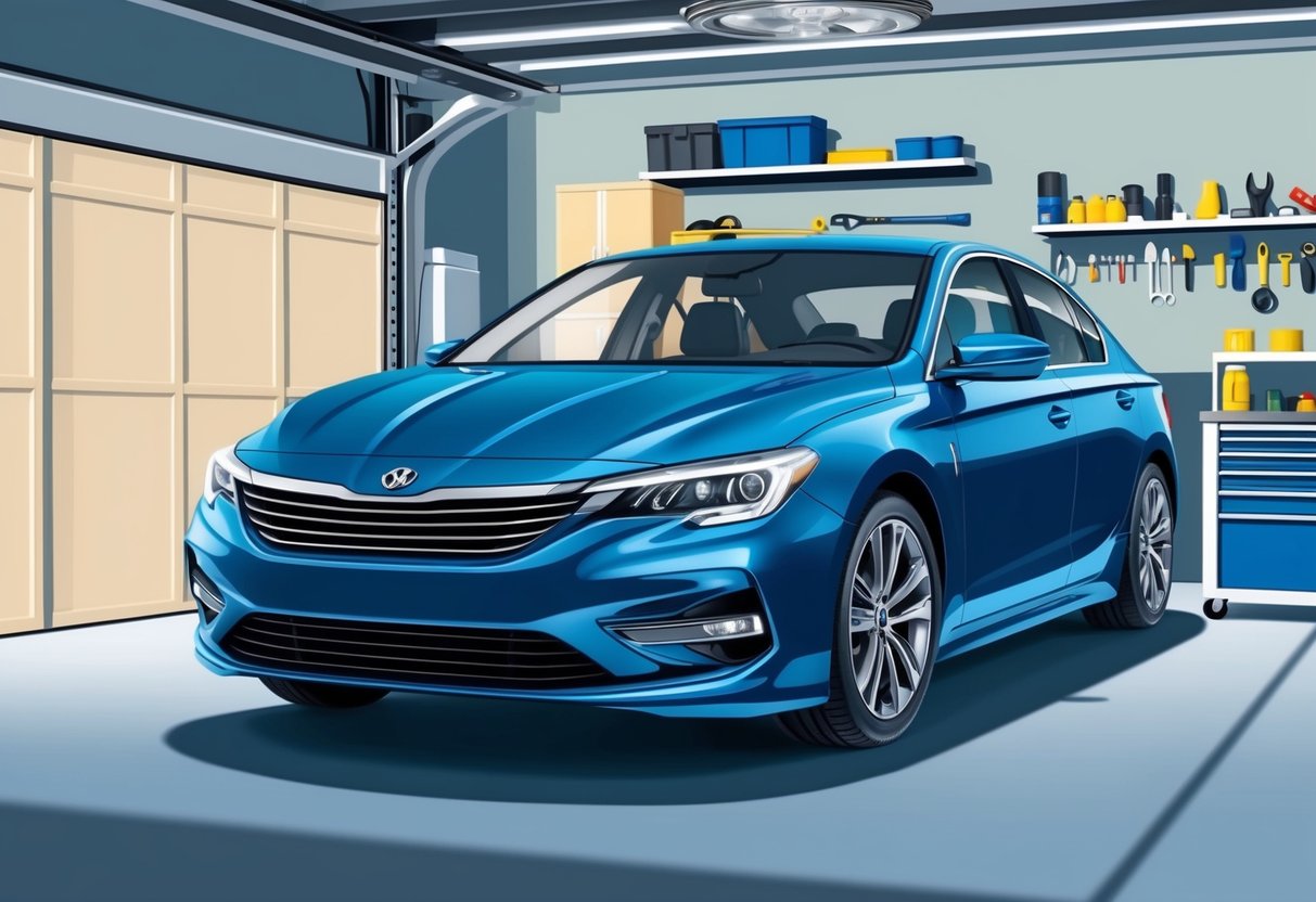 A well-maintained car parked in a clean, organized garage, with tools and maintenance supplies neatly arranged on shelves. The car's exterior is shiny and free of scratches, and the interior is clean and well-kept