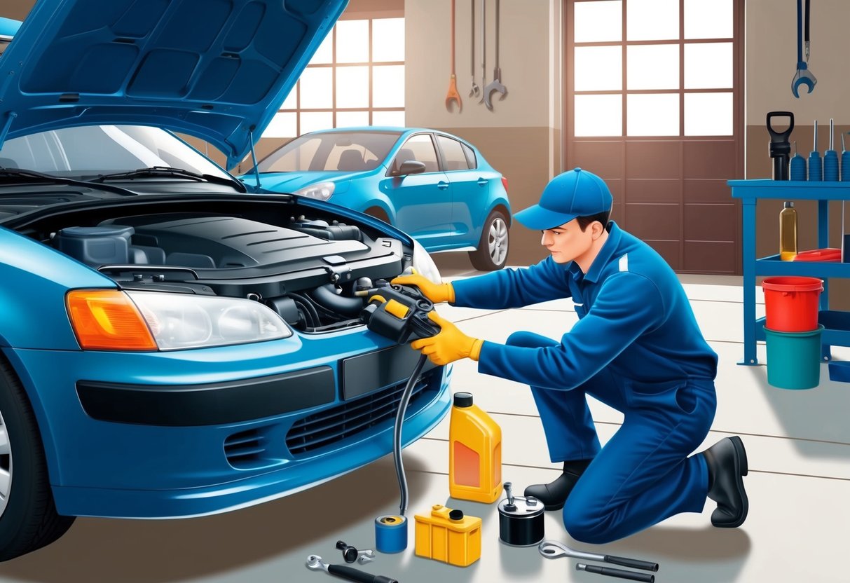 A mechanic performing routine maintenance on a car, checking fluids, changing oil, and inspecting the engine. Tools and car parts scattered around the garage