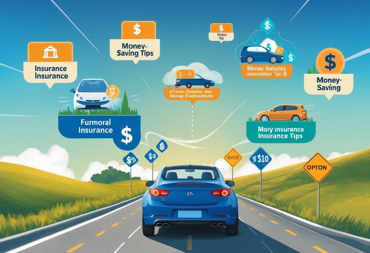 A car driving down a road with various insurance options and money-saving tips floating above it