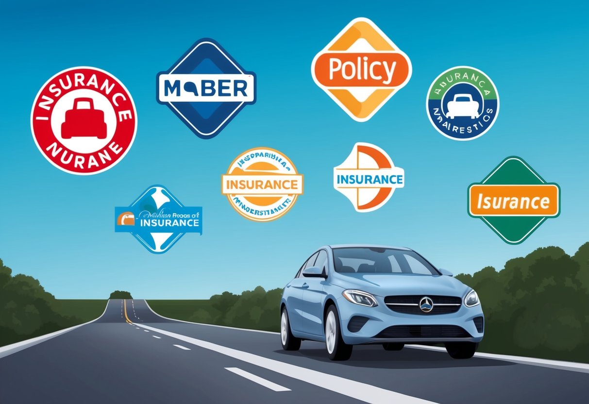 A car driving down a road with various insurance logos floating above it, representing different policy options