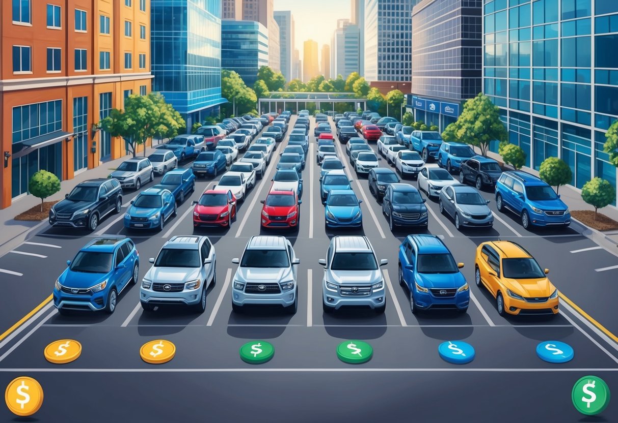 A diverse array of vehicles, from compact cars to luxury SUVs, are parked in a bustling urban setting, surrounded by insurance company logos and symbols of money