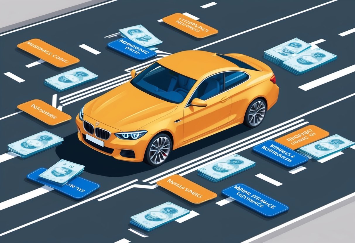 A car sitting on a road, surrounded by various insurance policy options and money-saving tips