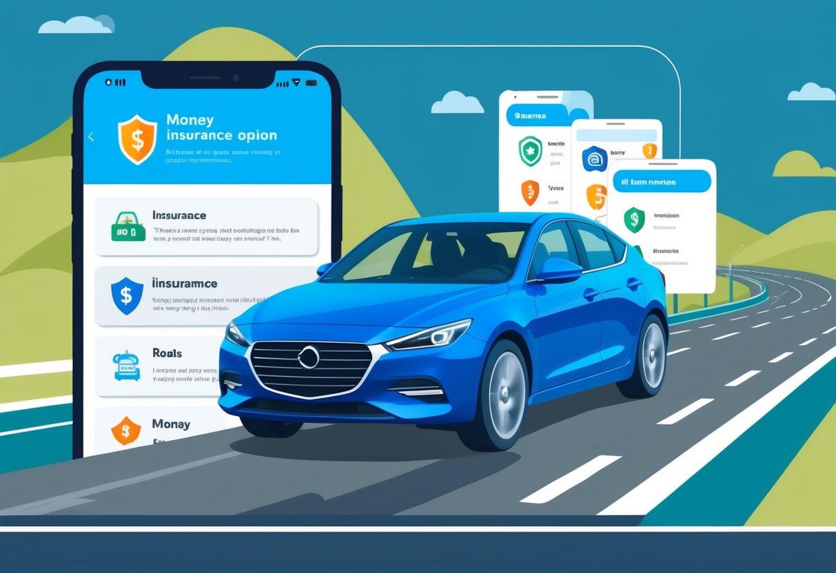 A car driving on a road with a digital interface displaying various insurance options and money-saving tips