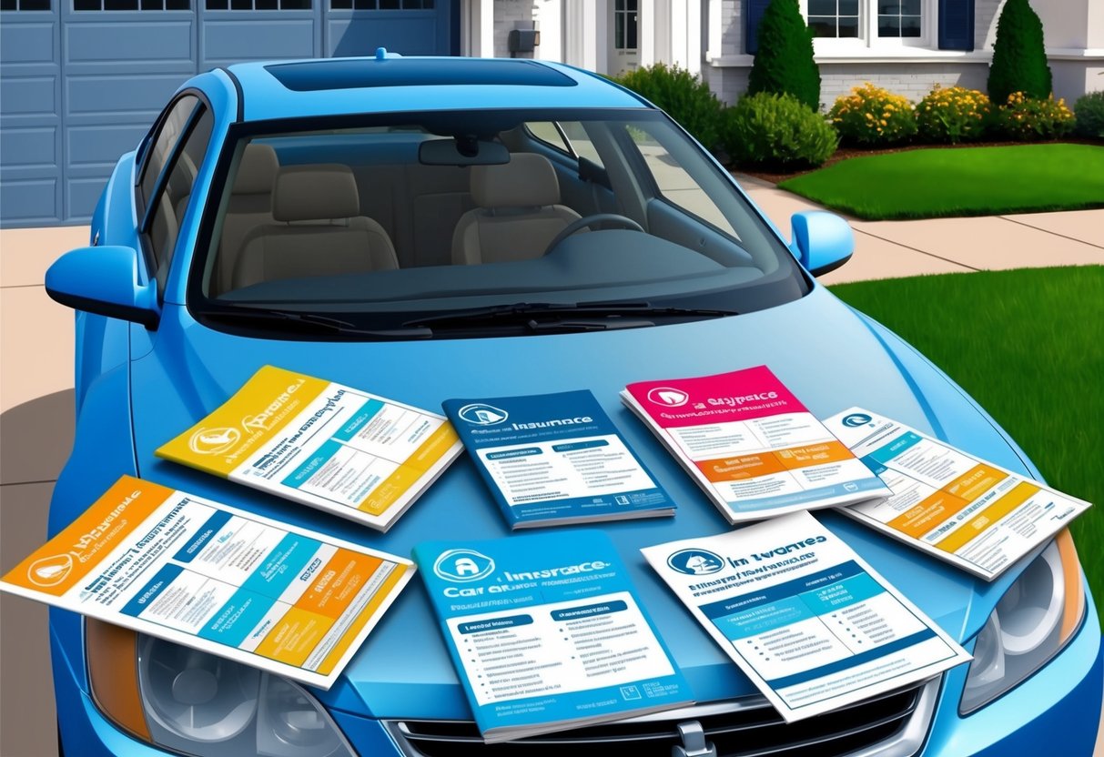 A car parked in a driveway with a variety of insurance pamphlets spread out on the hood, showcasing different coverage options