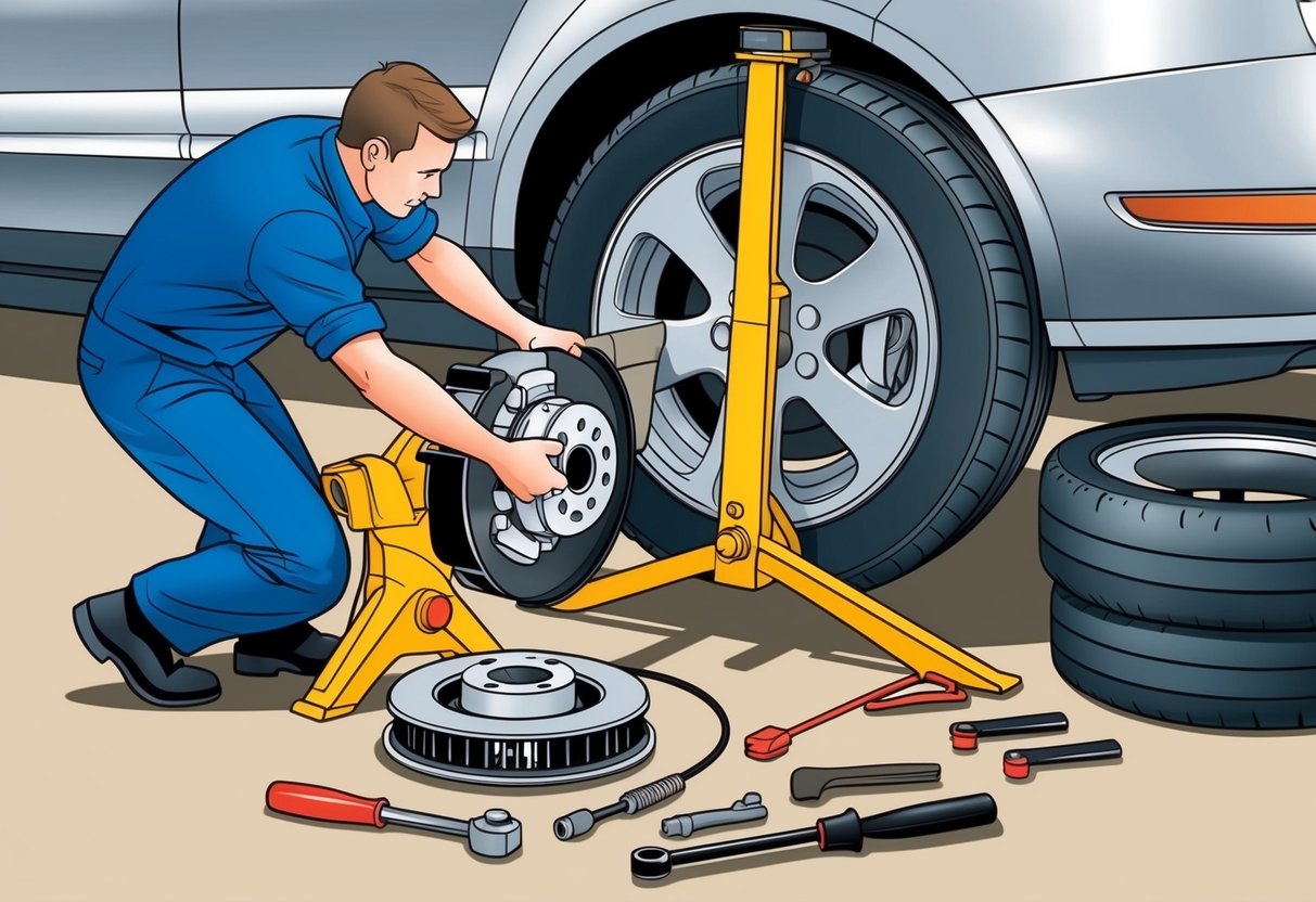 A person lifting a car with a jack, removing a tire, and inspecting brake components with tools spread out nearby
