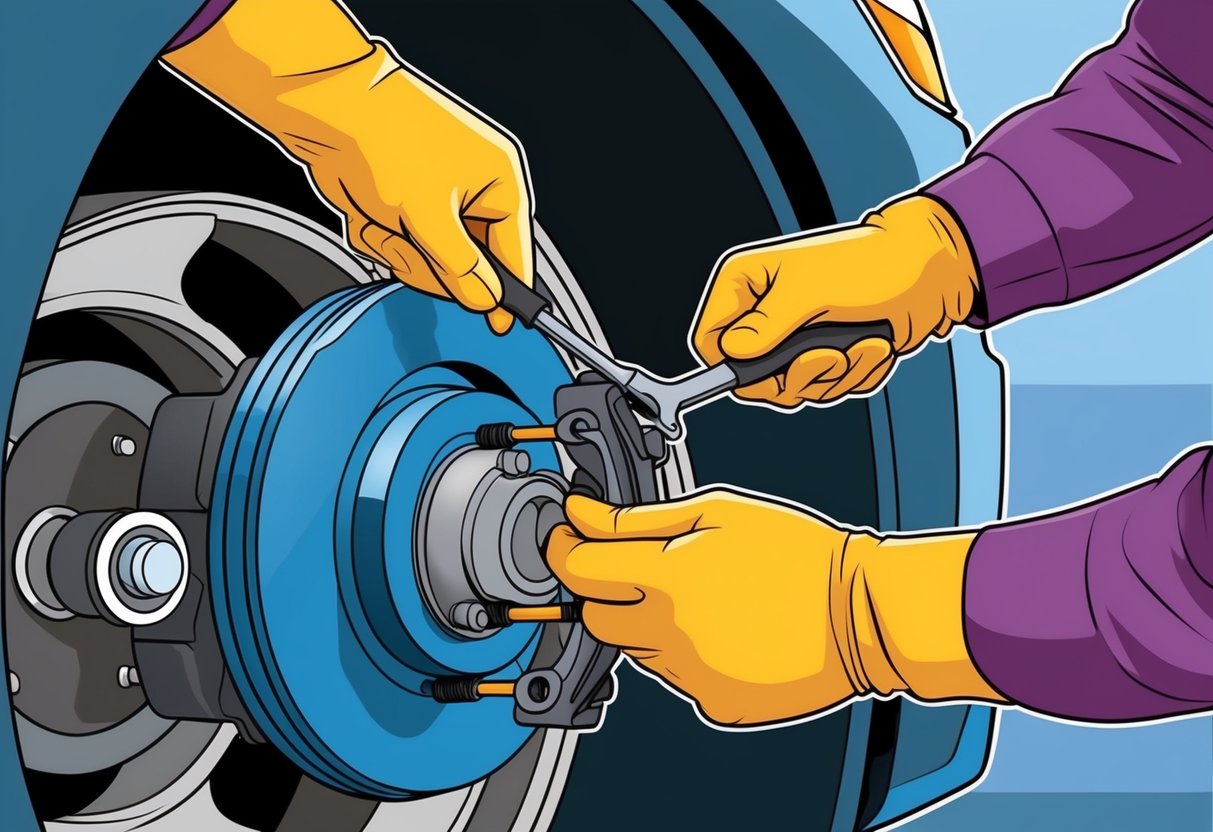 A person using tools to remove old brake parts from a car's wheel assembly, with a focus on the worn or squeaky brake components