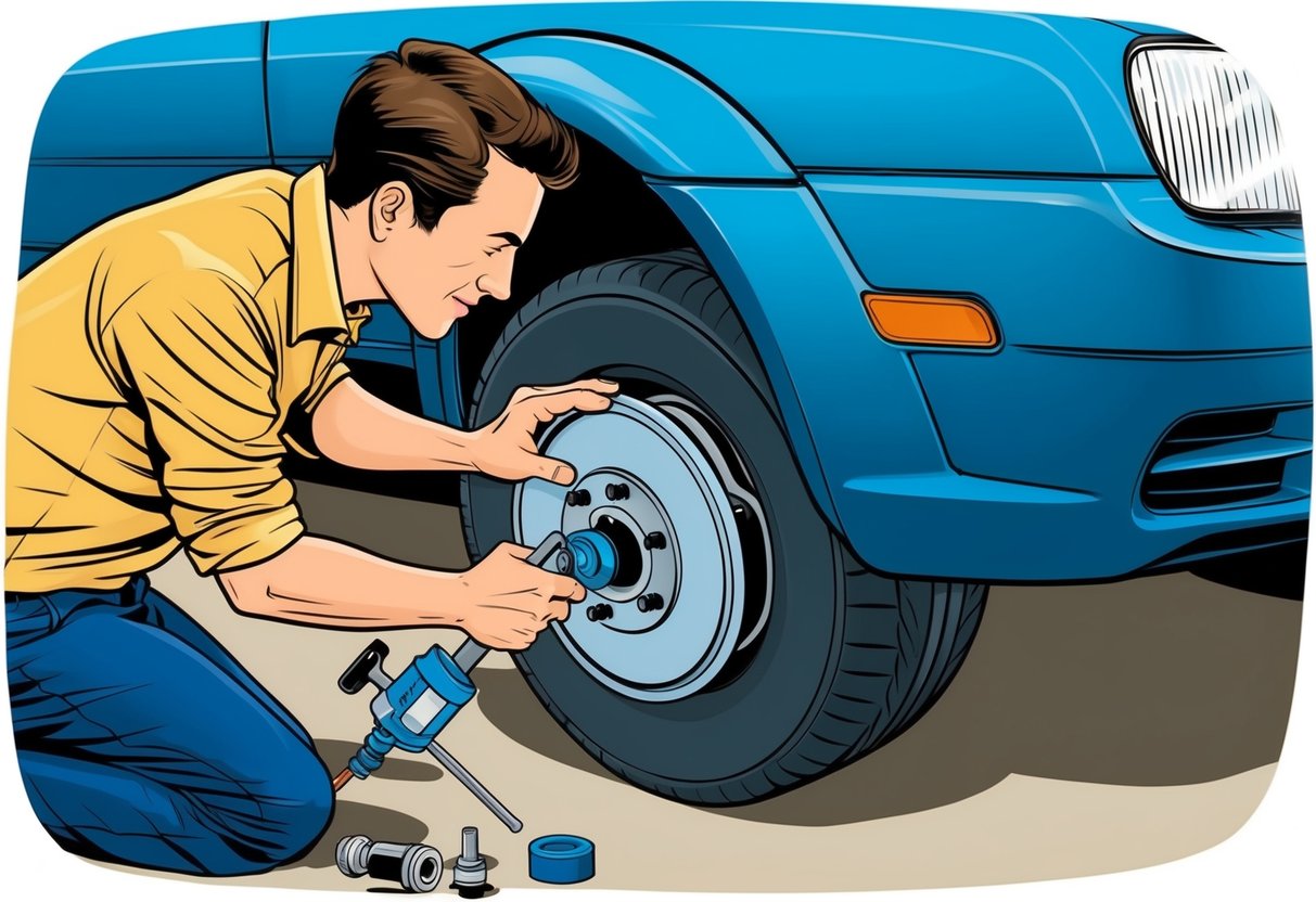 A person applying lubricant to brake components, using a wrench to tighten bolts, and testing the brakes for noise