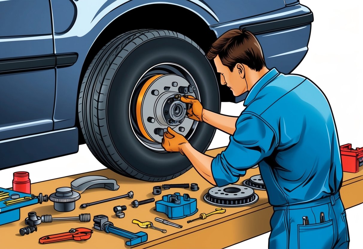 A person reassembling and adjusting the brake system on a car, with various tools and parts spread out on a workbench