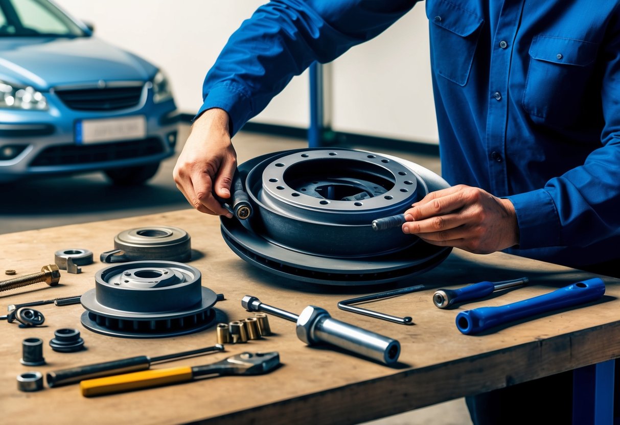 A person's hands working on a car's brake system, with tools and parts scattered on a workbench. A car is parked nearby