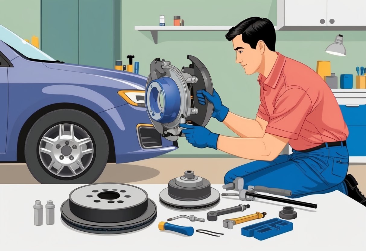 A person working on a car's brake system at home, with tools and parts spread out on a clean, well-lit workbench