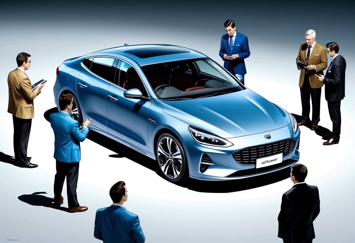 A sleek car with a shiny exterior and modern features, surrounded by interested buyers inspecting its unique selling points