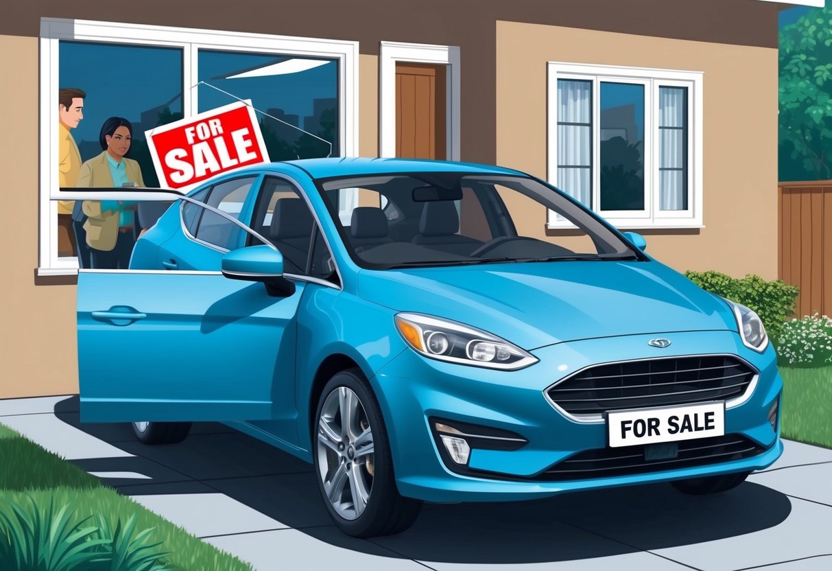 A car parked in a driveway with a "For Sale" sign displayed prominently in the window. A potential buyer inspecting the exterior and interior of the vehicle