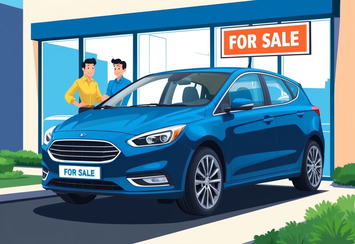 A car parked in a well-lit area with a "For Sale" sign in the window. A potential buyer is inspecting the vehicle, while the seller confidently presents the car's features