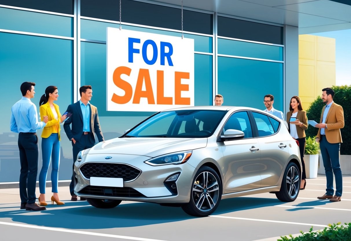 A car parked in a well-lit area with a "For Sale" sign displayed prominently in the window, surrounded by interested potential buyers