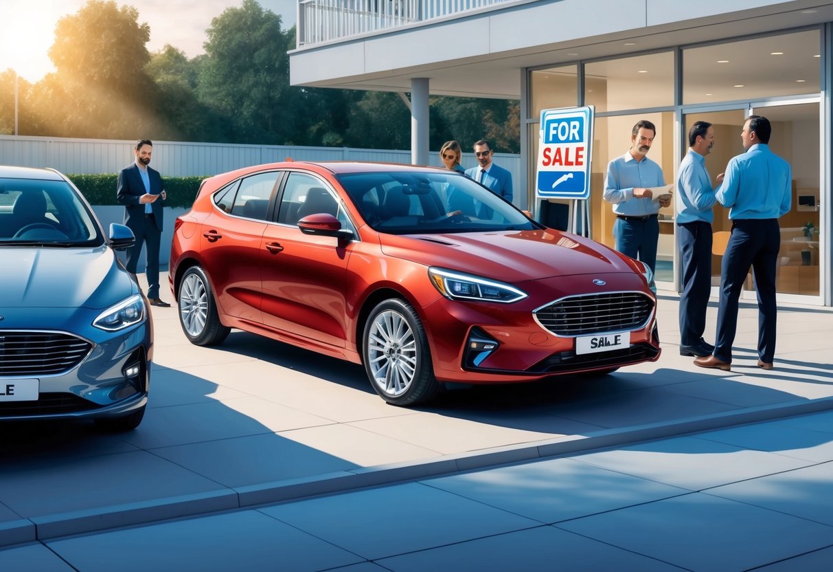 A shiny car parked in a well-lit area with a "For Sale" sign, surrounded by interested buyers inspecting the vehicle