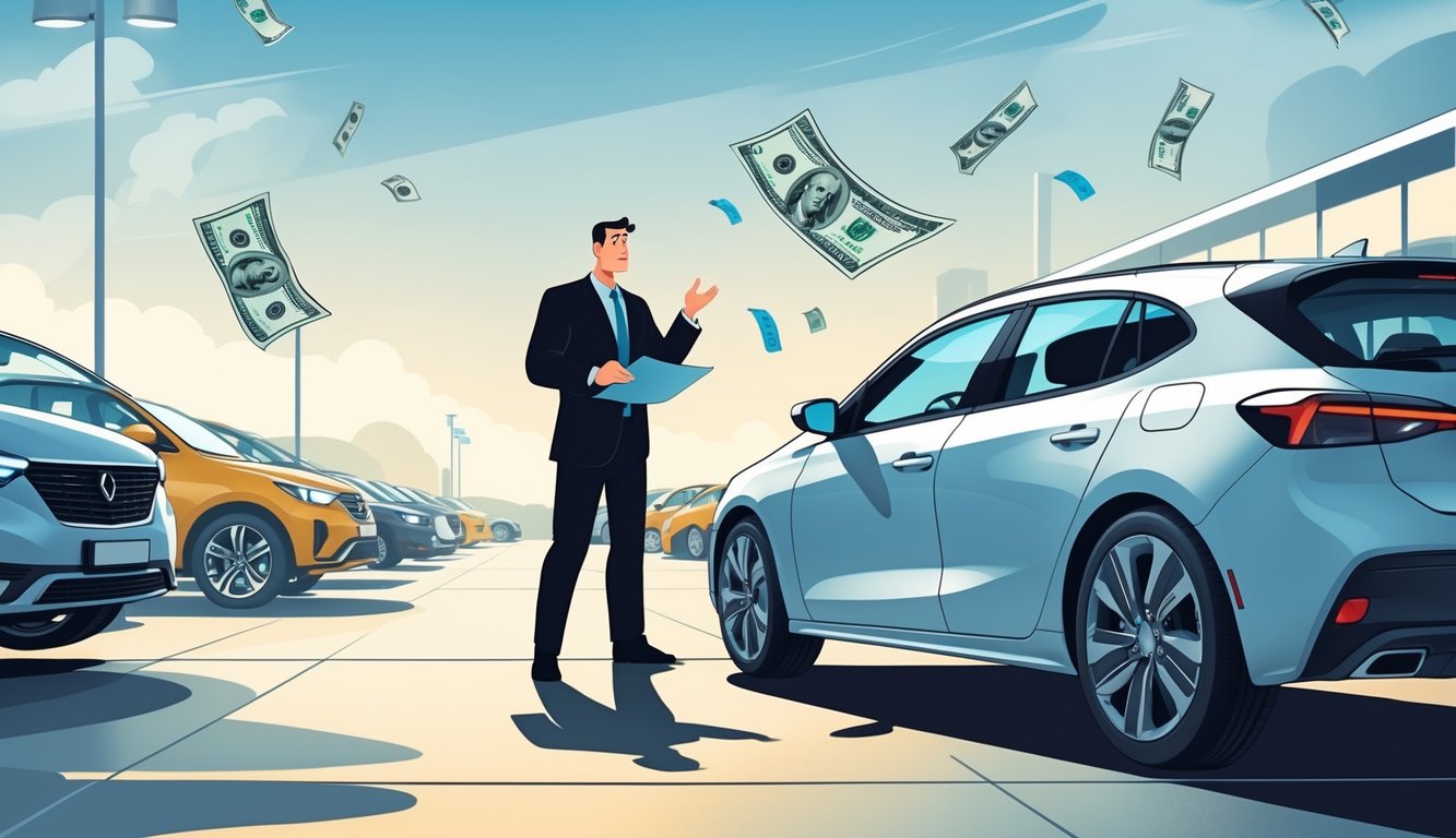 A frustrated car buyer stands next to a new car holding paperwork, with a car salesman gesturing in the background at a dealership lot.
