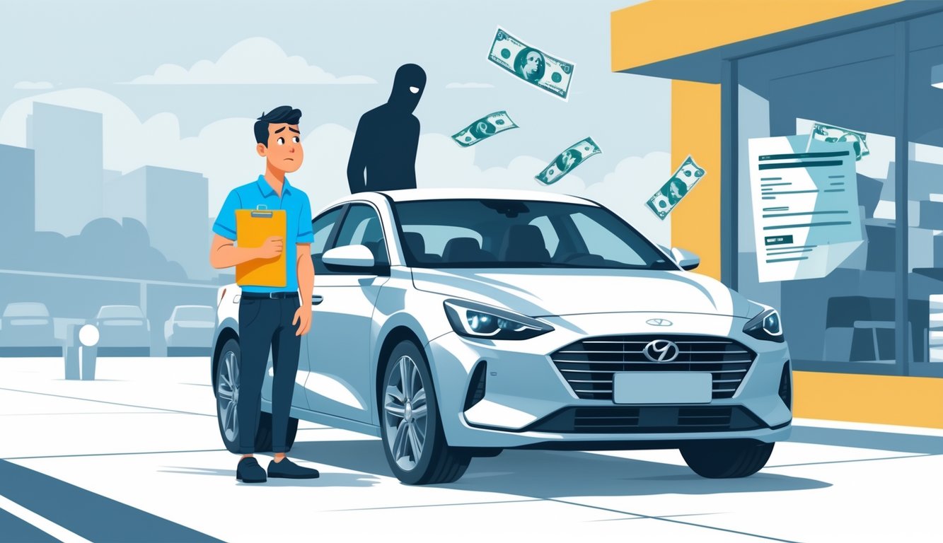 A worried person stands next to a used car at a dealership, holding a checklist, with shadowy figures and flying money symbolizing hidden problems and unexpected costs.