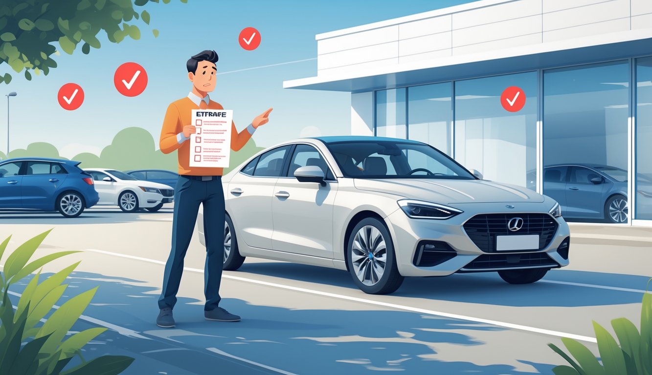 A worried person standing next to a car in a dealership lot holding a checklist with unchecked items.