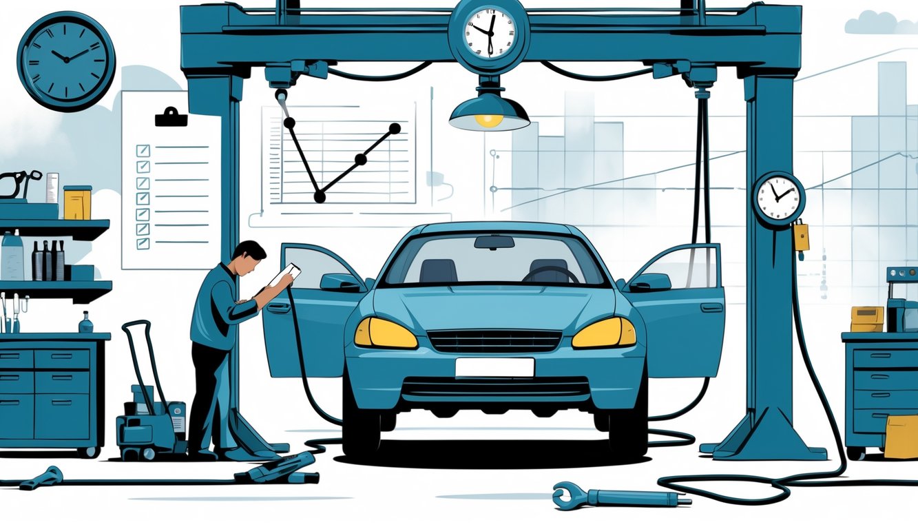 A mechanic inspects a car on a lift in a workshop surrounded by symbols of maintenance issues and rising repair costs.
