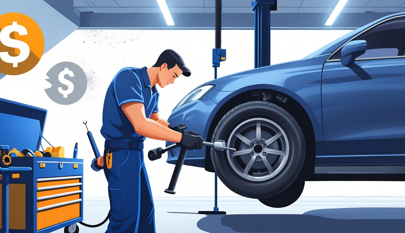 A mechanic inspects a car tire and holds a new air filter in a garage, with the car lifted on a hydraulic lift and tools nearby.