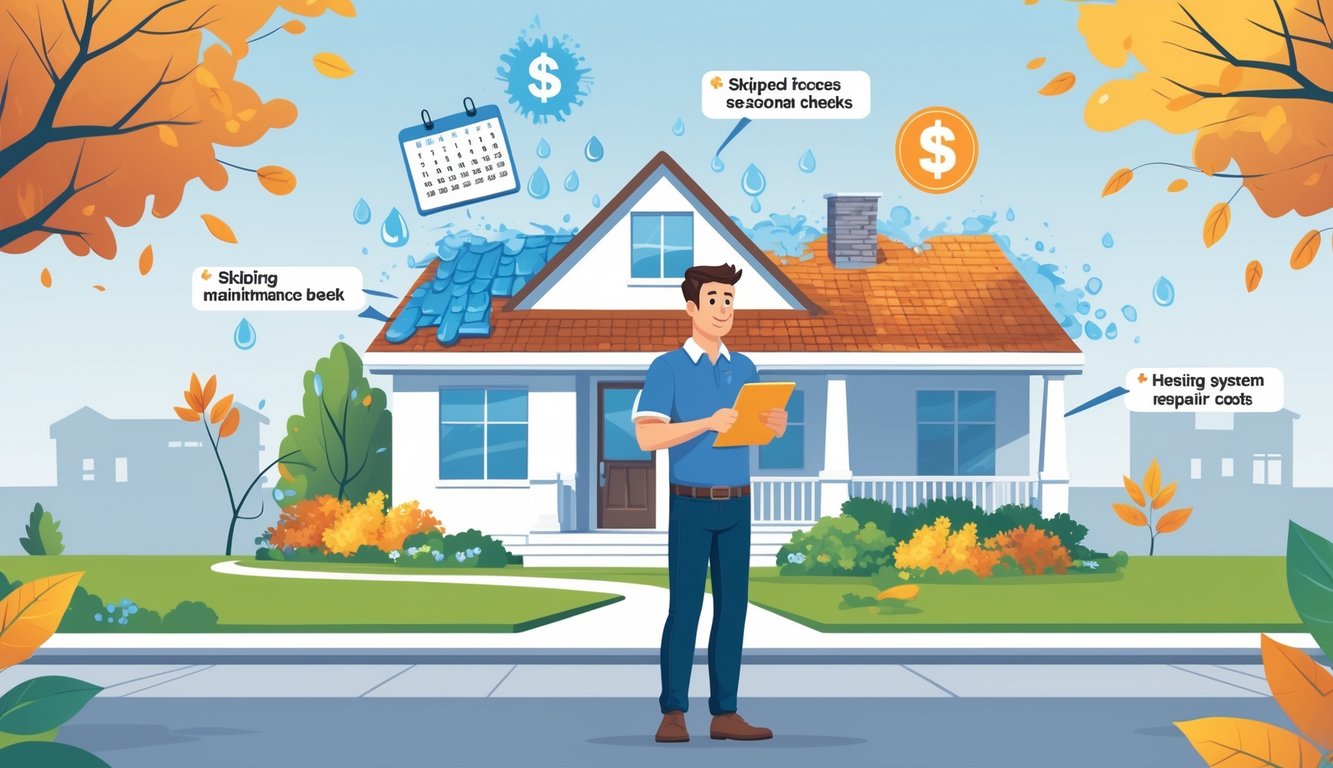 A homeowner stands in front of a house surrounded by symbols of neglected maintenance like a leaking roof, overgrown garden, and broken furnace, with ghostly icons representing myths and rising repair costs.