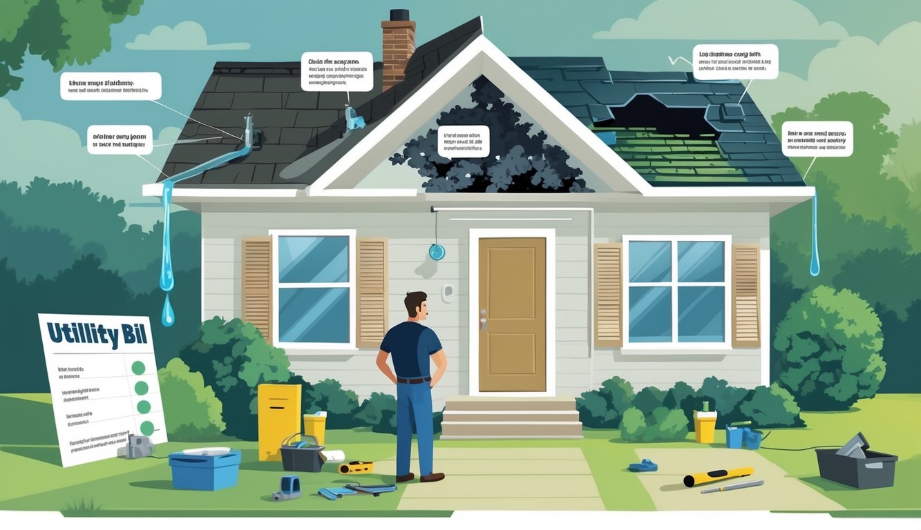 A homeowner inspecting various home maintenance issues like a leaking faucet, clogged air vent, damaged roof, and overflowing gutter, with tools nearby and a utility bill on a table.
